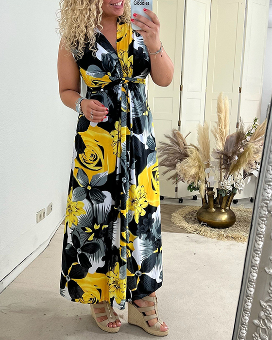 Ärmelloses, elegantes Plisseekleid mit Blumendruck