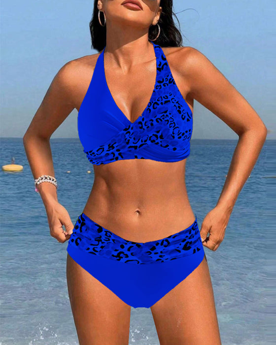 Neckholder-Bikini mit Leoparden-Patchwork-Print
