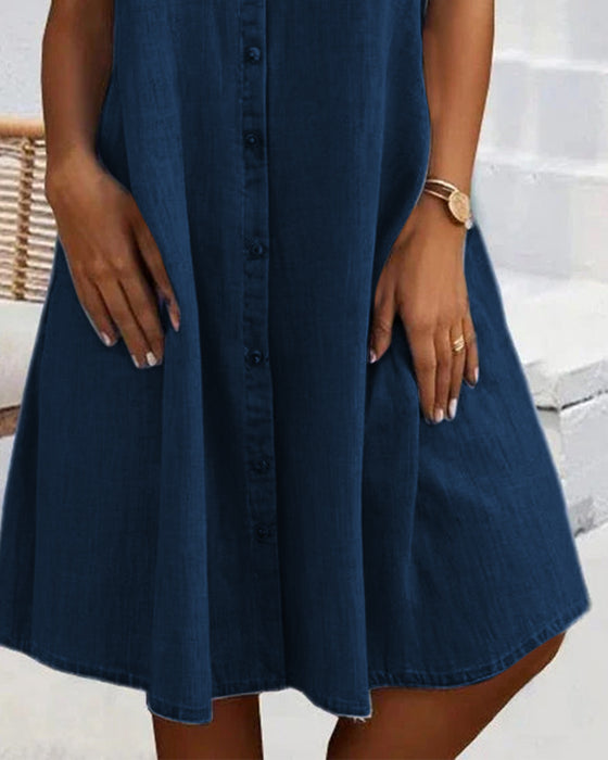 Kleid Kurzarm Kragen Einfarbig Knopf