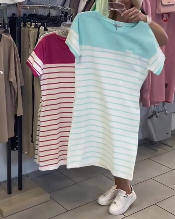 Kleid Rundhals-Ausschnitt Casual Gestreift