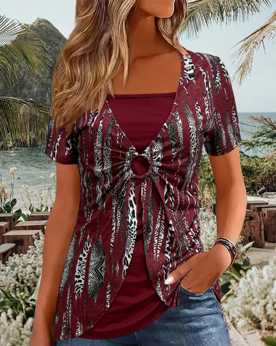 Bluse Kurzarm Bedruckt Fake Zwei-Teilig