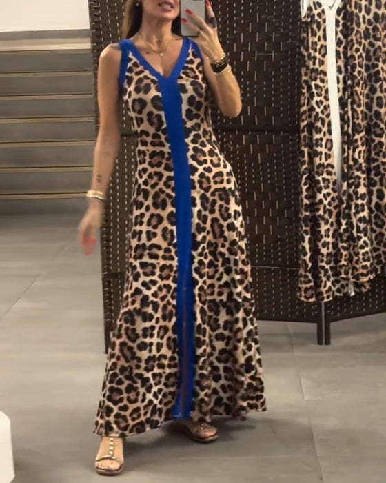 Kleid ärmellos elegant Leopardenmuster Kontrast