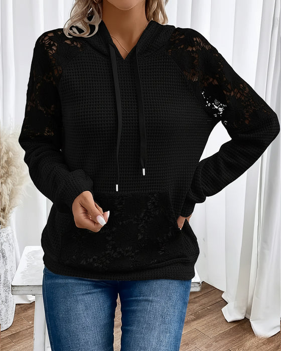 Hoodie V-Ausschnitt Langärmlig Spitze Lässig