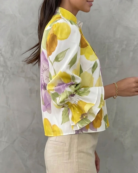 Langarmbluse Mit Stehkrage Großem Aquarellblumenmuster