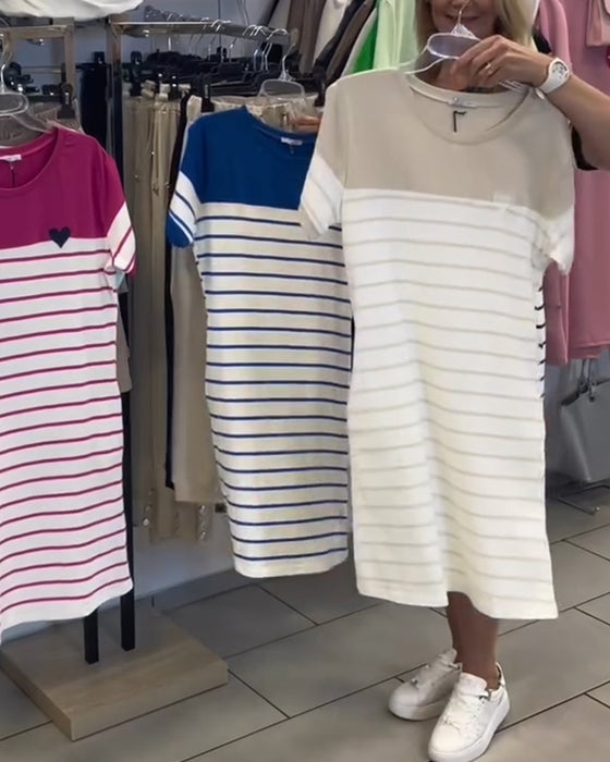 Kleid Rundhals-Ausschnitt Casual Gestreift