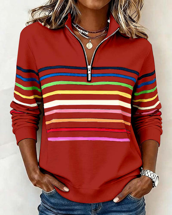 Modisches Sweatshirt Mit Halbem Reißverschluss Und Regenbogenstreifen