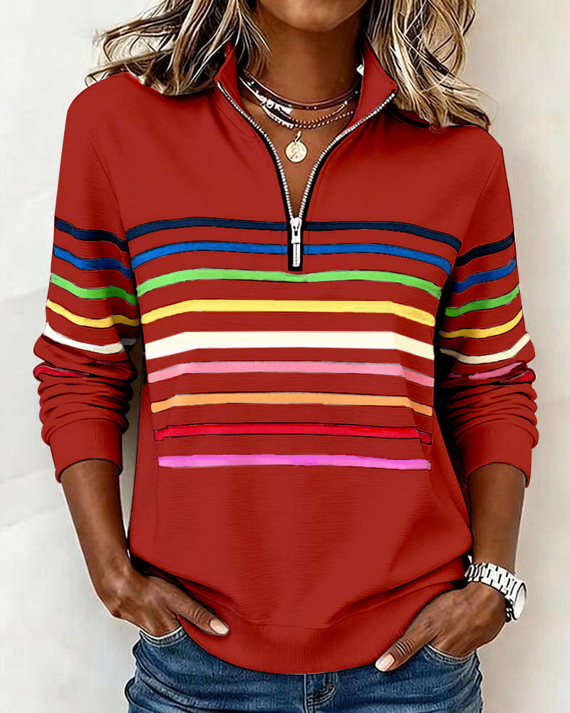 Modisches Sweatshirt Mit Halbem Reißverschluss Und Regenbogenstreifen