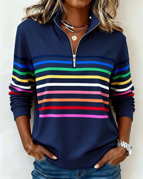 Modisches Sweatshirt Mit Halbem Reißverschluss Und Regenbogenstreifen
