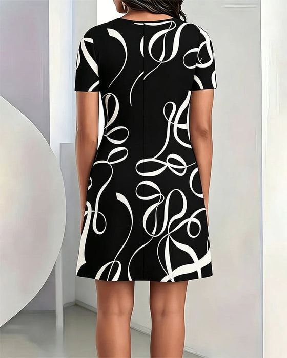 Kleid Linien Druck Rundhalsausschnitt