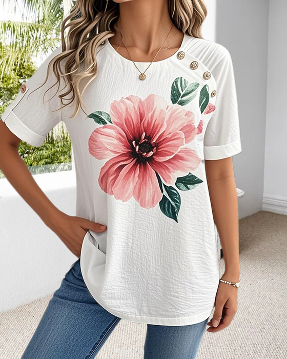 Bluse Rundhals Blumendruck Kurzarm