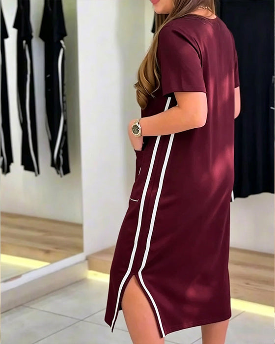 Kleid Seite Weißer Streifen Tasche Gerade