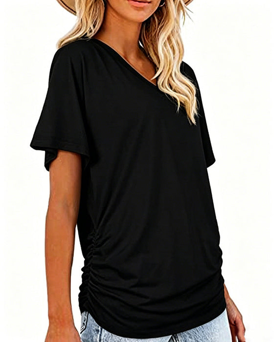 T-Shirt Plissiert Einfarbig V-Ausschnitt