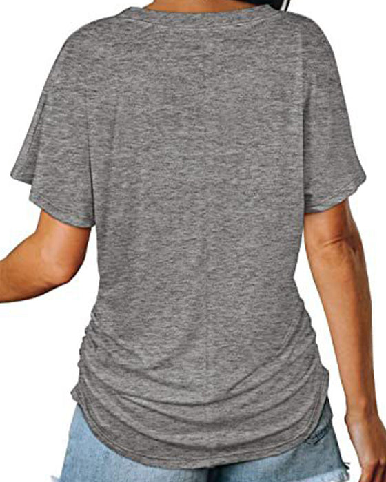 T-Shirt Plissiert Einfarbig V-Ausschnitt