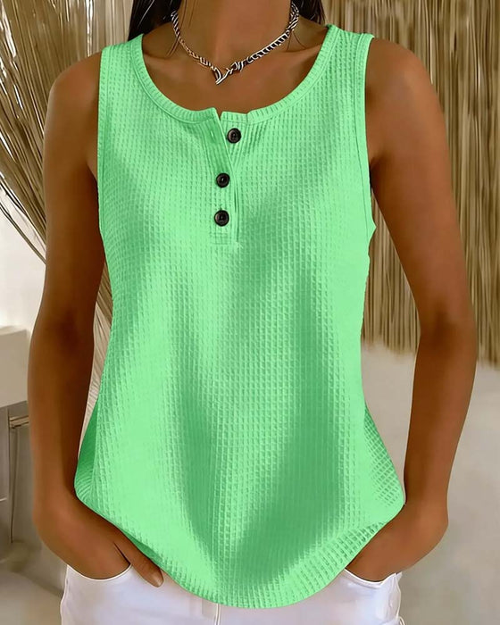 Tank Top Rundhals Ärmellos Waffel Knopf