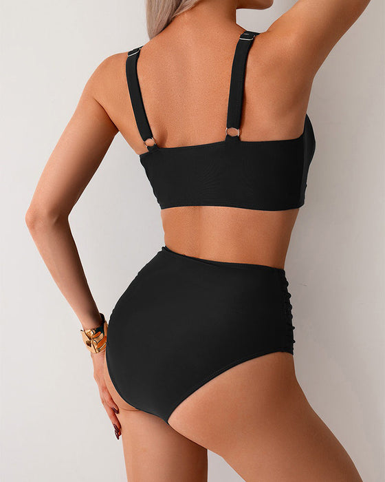 Bikini Einfarbig Knoten Hohe Taille Sexy