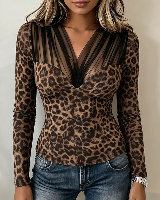 Oberteil Transparent V-Ausschnitt Leopard