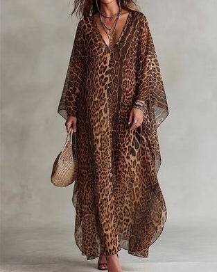 Kleid V-Ausschnitt Leopard Voll-Rock