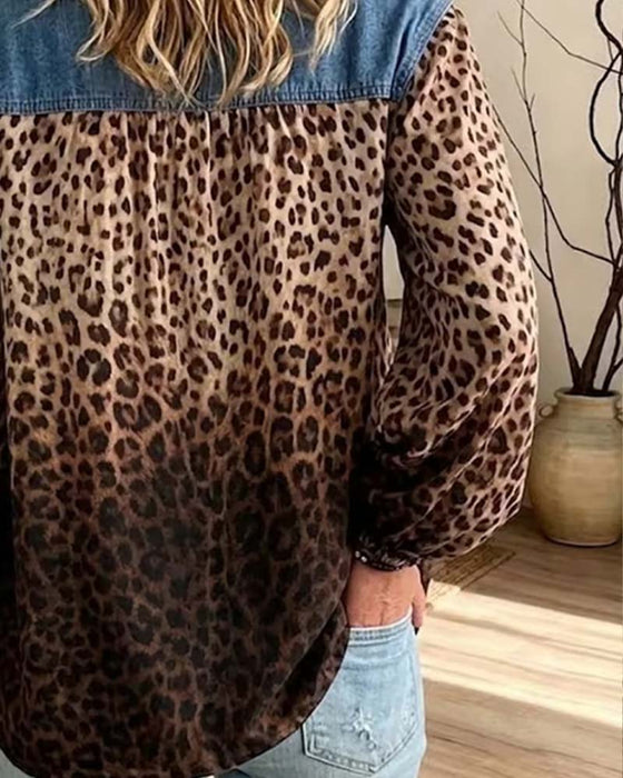 Top Denim Patchwork Leopardenmuster Langarm