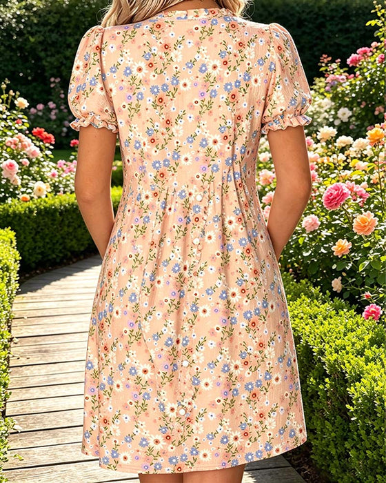 Kleid Blumen V-Ausschnitt Puffärmel Gerafft