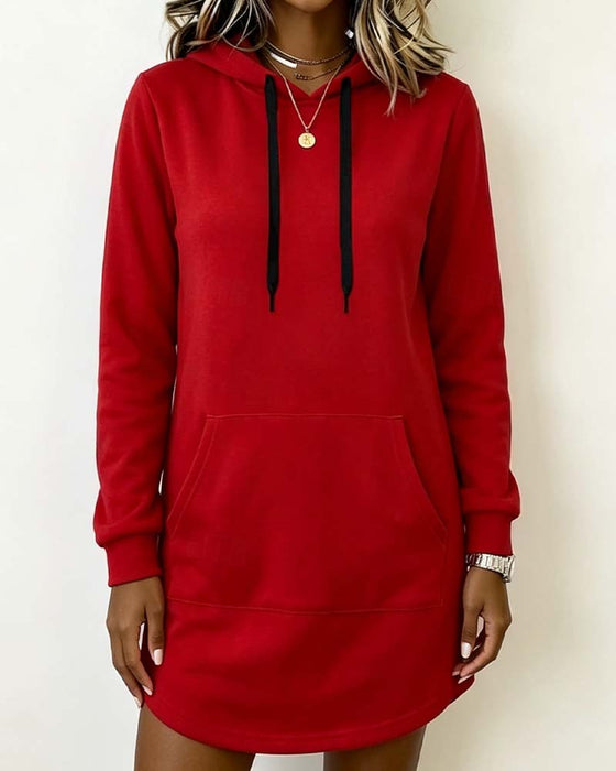 Sweatshirtkleid Einfarbig Geschwungener Saum Kapuze