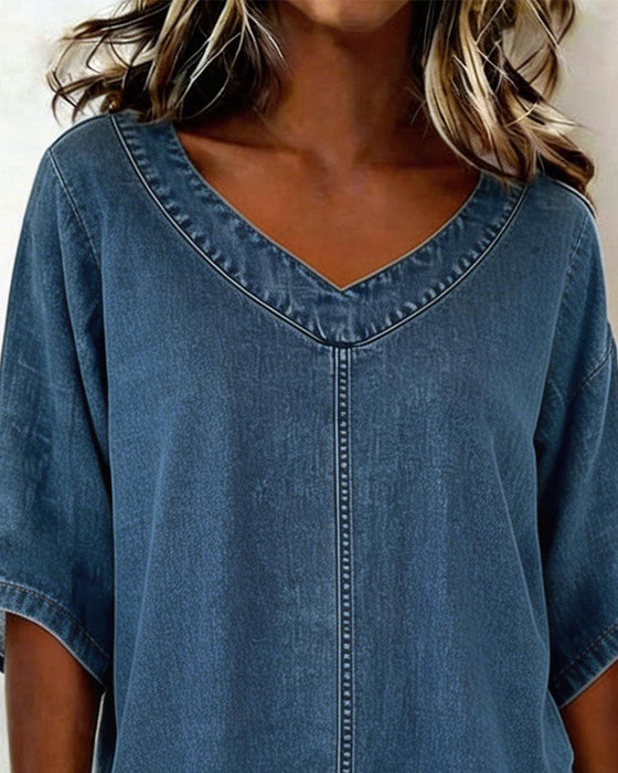 Top V-Ausschnitt Lässig Denim