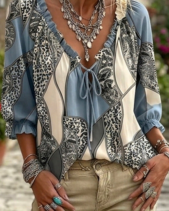 Bluse V-Ausschnitt Leopard Puffärmel Binden
