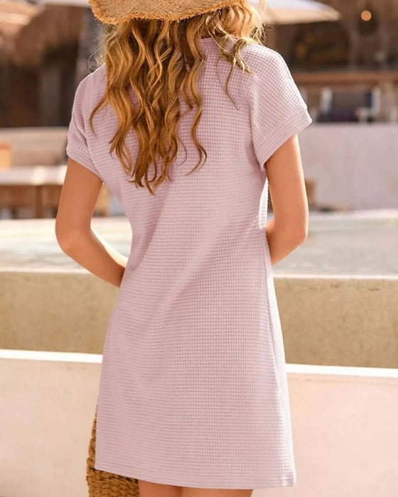 Kleid Waffel Strukturiert Spitzenbesatz Kurzarm