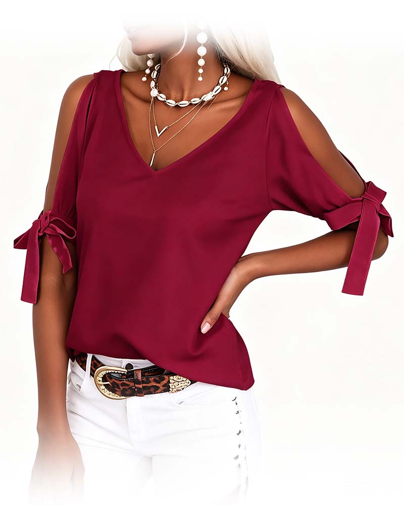 Bluse V-Ausschnitt Cold Shoulder Schleife Einfarbig