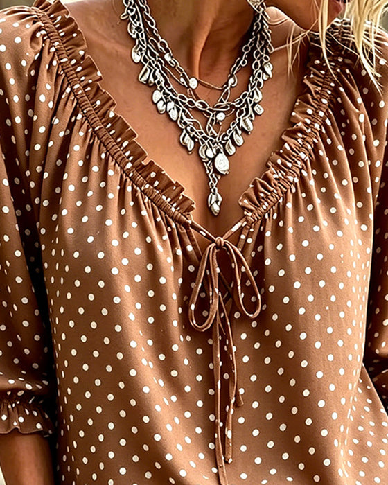 Bluse V-Ausschnitt Rüsche Polka Dot Bindung