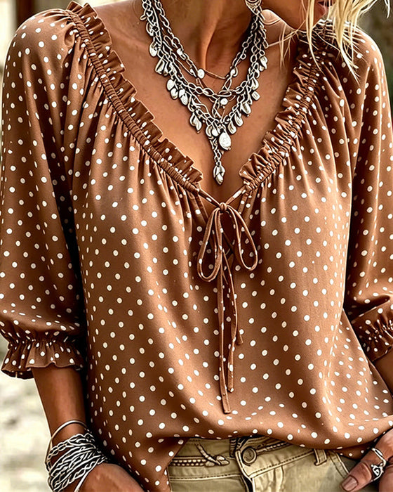 Bluse V-Ausschnitt Rüsche Polka Dot Bindung