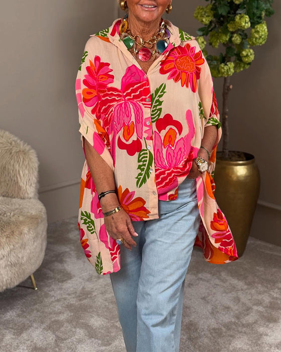 Bluse Revers Blumenmuster Asymmetrisch