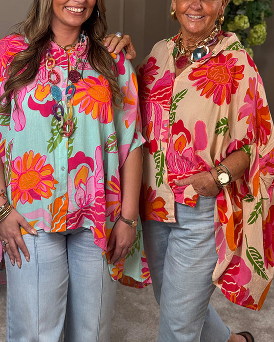Bluse Revers Blumenmuster Asymmetrisch
