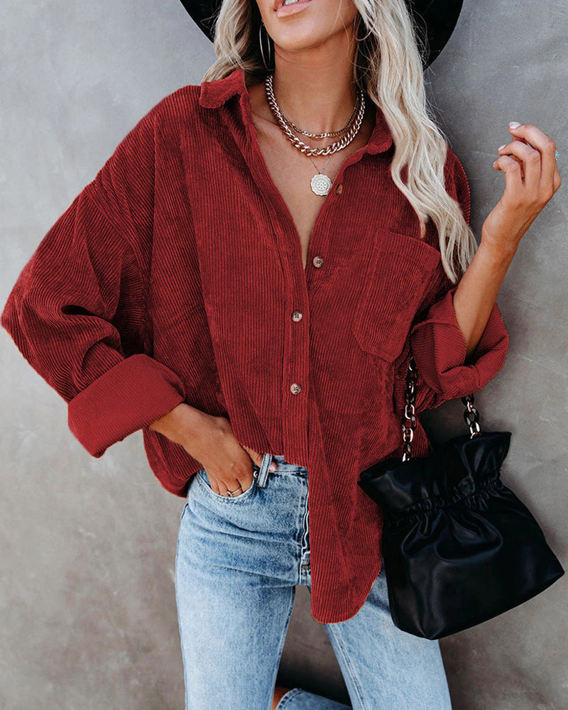 Einfarbige Cordbluse Mit Tasche