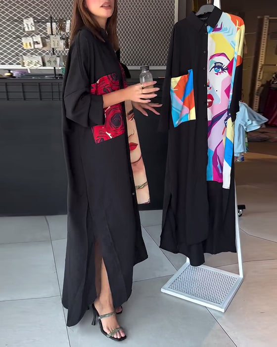 Modisches asymmetrisches kleid mit rosen-charakter-print und revers