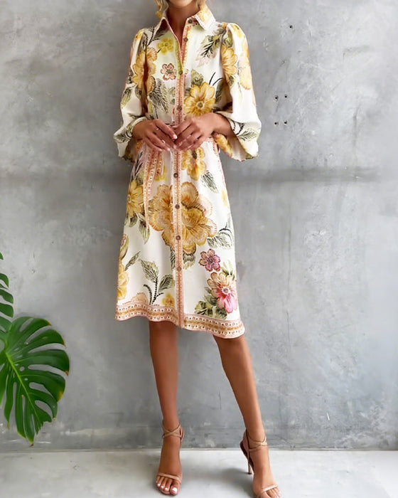 Lampenärmel Kleid mit Reverskragen und Print