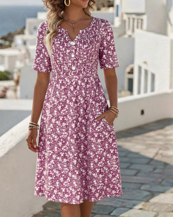 Kleid V-Ausschnitt Kurzarm floral