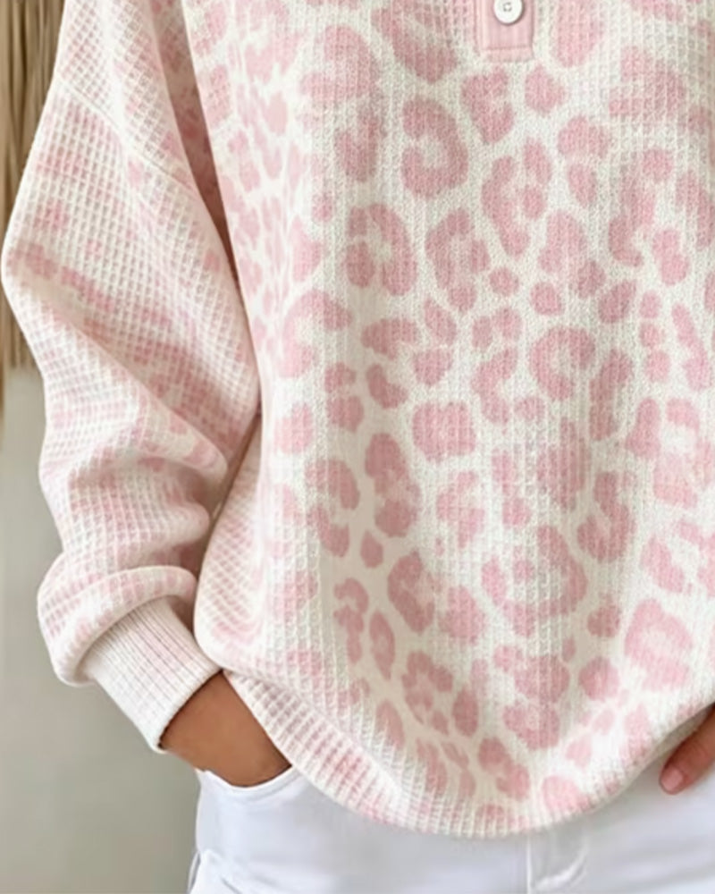 Sweatshirt Rund-Hals Knopf-Leiste Leopard Freizeit