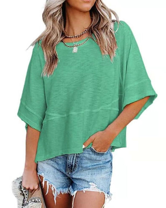 T-Shirt Ohne Schlitz Geflickt Einfarbig Glockenärmel