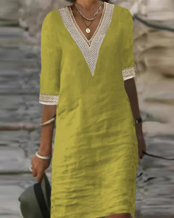 Kleid Dreiviertel Ärmel V-Ausschnitt Spitze Patchwork