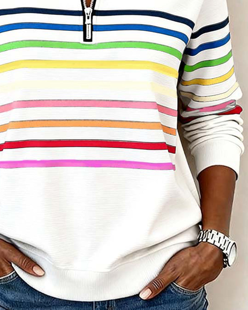 Modisches Sweatshirt Mit Halbem Reißverschluss Und Regenbogenstreifen