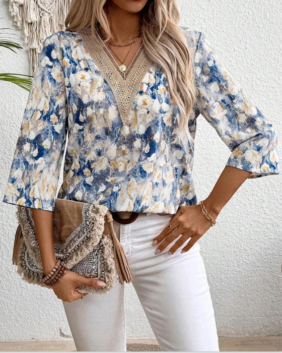 Bluse V-Ausschnitt Dreiviertelarm Blumenmuster