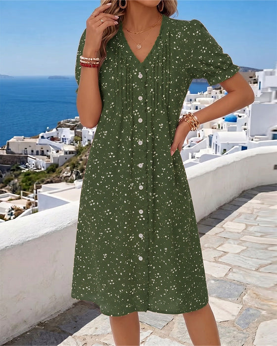 Kleid Blumenmuster V-Ausschnitt Knopfleiste vorne