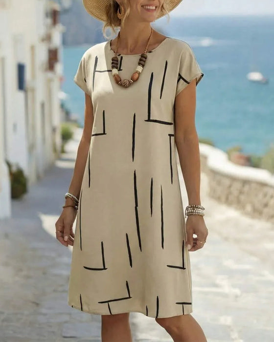 Kleid Damen Sommer Lässig Druck Rundhals