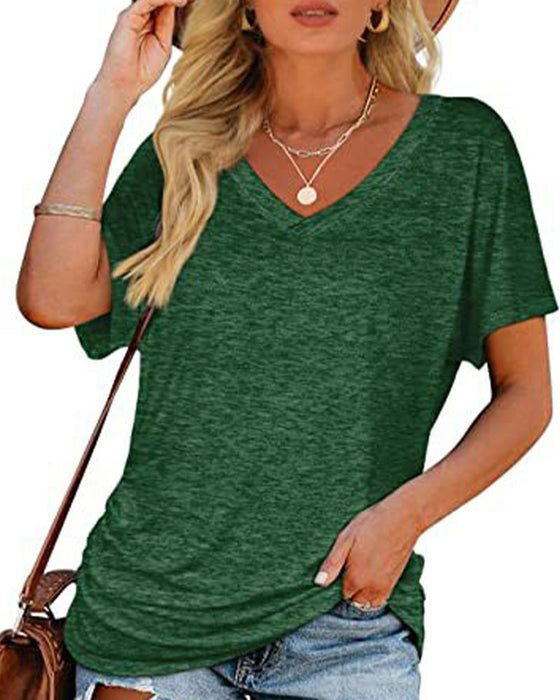 T-Shirt Plissiert Einfarbig V-Ausschnitt