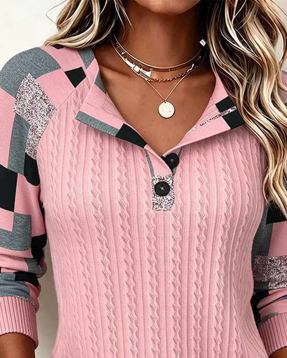 Sweatshirt Farbblock Henley Kragen Langarm Geknöpft