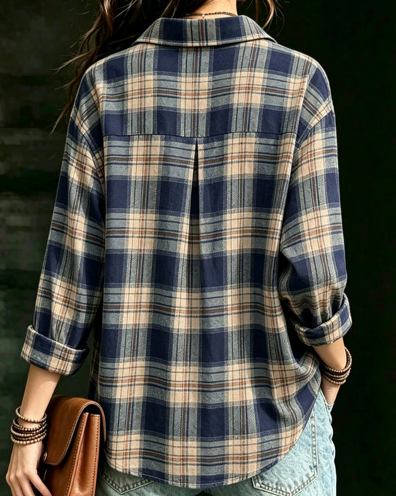 Bluse Kragen Kariert Langarm