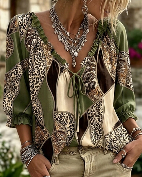 Bluse V-Ausschnitt Leopard Puffärmel Binden