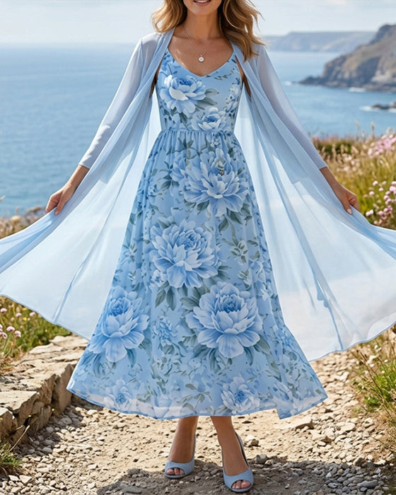 Set Blumig Druck Kleid Zweiteilig