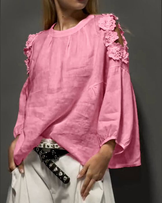 Blusen Rundhals Ausschnitt Off-Shoulder 3D Blumig