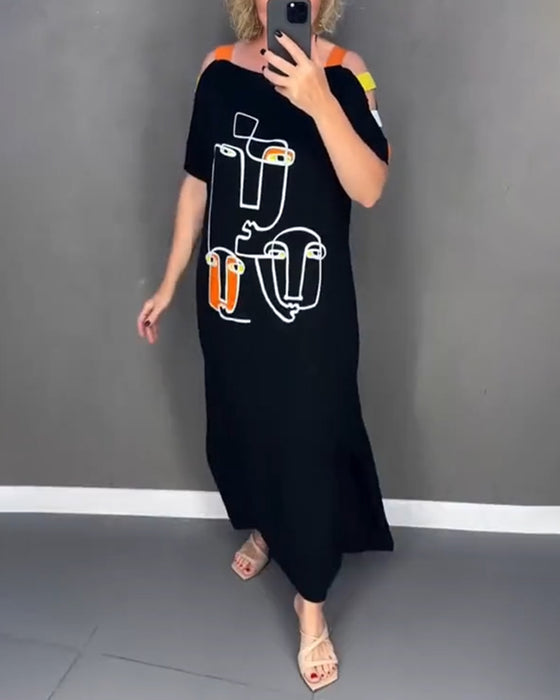 Kleid Schulterfrei Hohlauschnitt Druck Schlitz